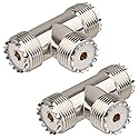 2-Pack UHF Female to UHF Female RF Coaxial Adapter, T-Shape 3-Way Splitter Connector for CB Radios, Antennas, and Signal Distribution Applications