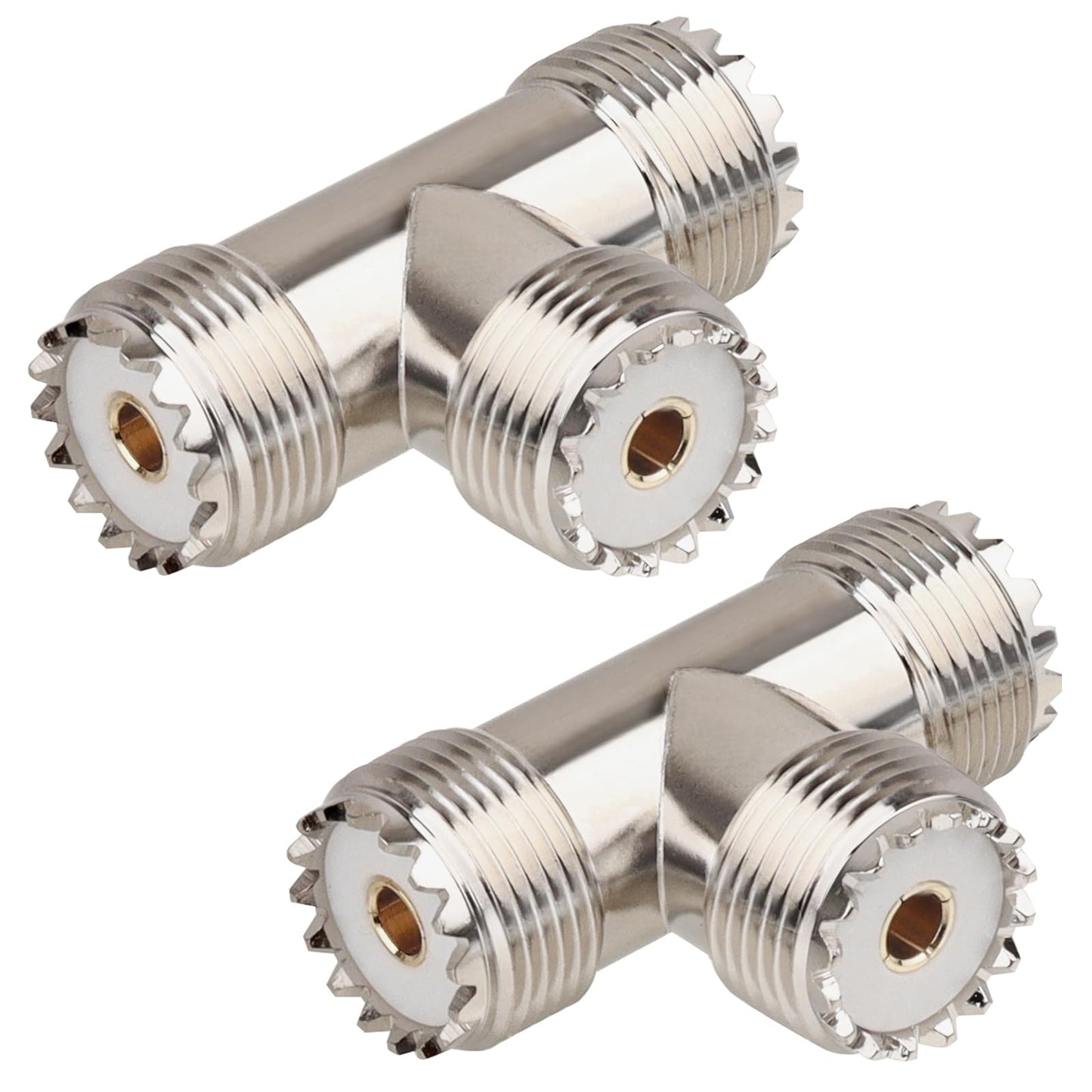 2-Pack UHF Female to UHF Female RF Coaxial Adapter, T-Shape 3-Way Splitter Connector for CB Radios, Antennas, and Signal Distribution Applications