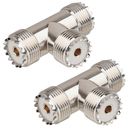 2-Pack UHF Female to UHF Female RF Coaxial Adapter, T-Shape 3-Way Splitter Connector for CB Radios, Antennas, and Signal Distribution Applications