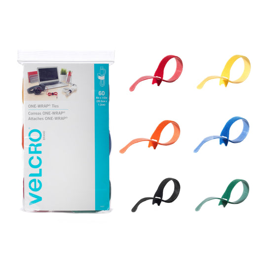 VELCRO Brand ONE-WRAP Cable Ties | 60Pk | 8 x 1/2" Straps, Multicolor | Strong Reusable Wire Management | Cord Bundling for Home Office and Data