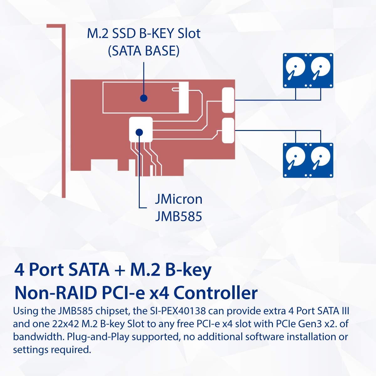 IO Crest SI-PEX40138 Internal 4 Port Non-Raid SATA III 6GB/S with M.2 B-Key 22x42 Pci-E X4 Controller Card for Desktop PC Support SSD and HDD with Low