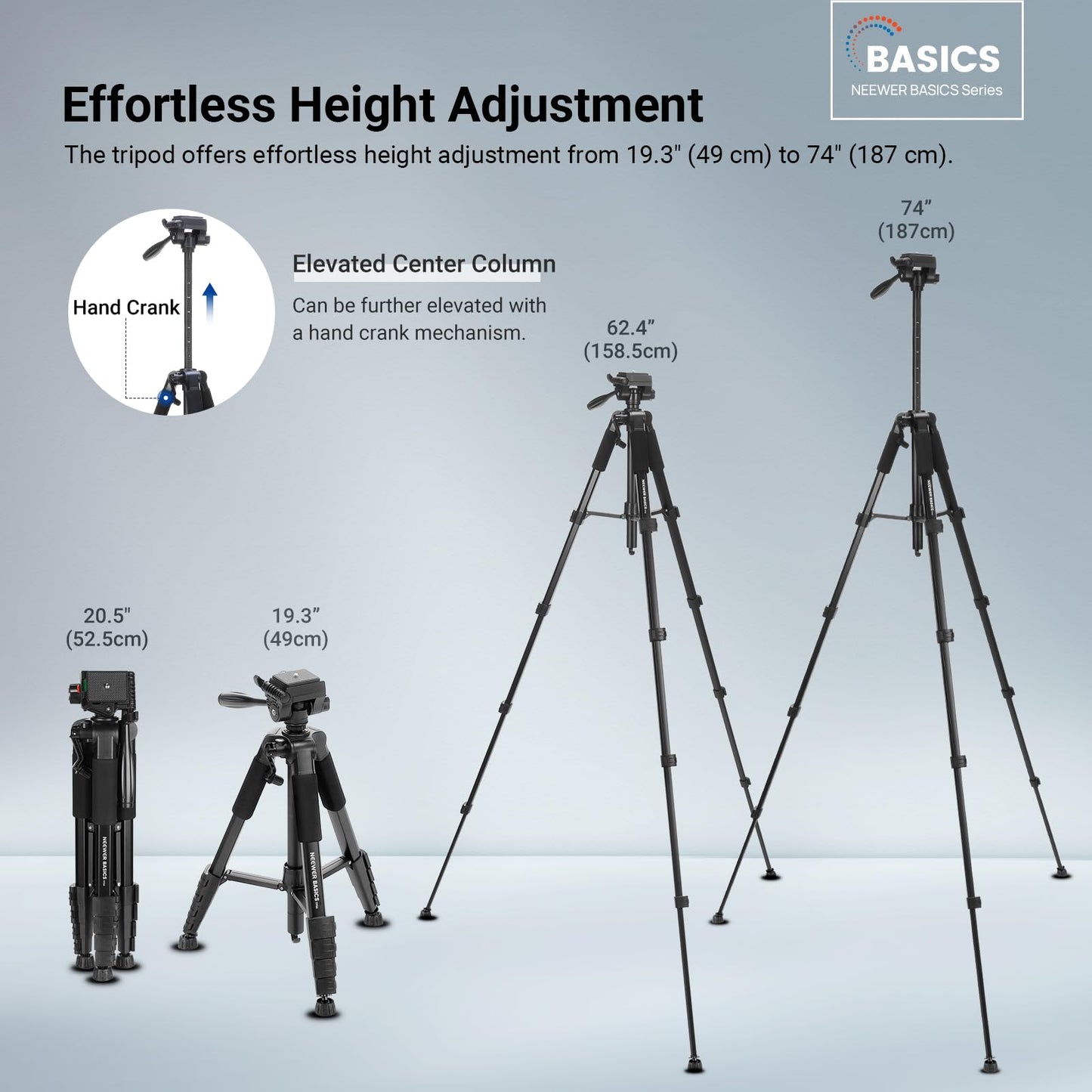 NEEWER Basics Camera Tripod, 74" Tripod with Cell Phone Holder Mount Compatible with iPhone for Video Recording, Professional Aluminum Lightweight