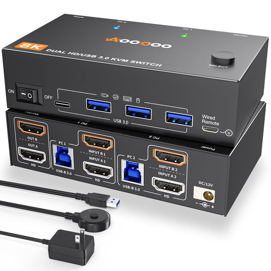 KVM Switch 2 Monitors 2 Computers 8K@60Hz/4K120Hz,HDMI USB3.0 Dual Monitors KVM Switches with 4 USB 3.0 Port,Wired Remote,USB3.0 Cables Included(8K 2
