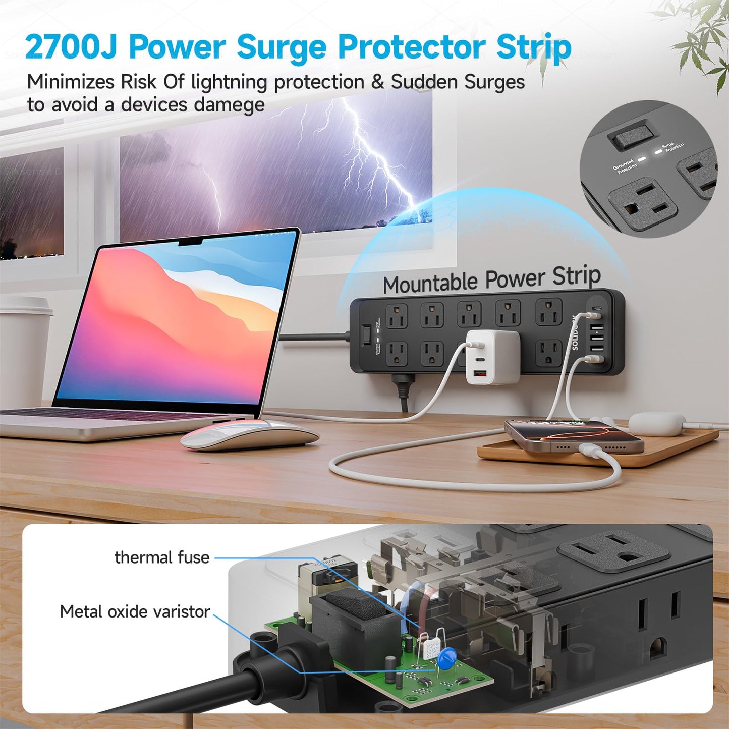 Solidock Flat Plug Power Strip Extension Cord with Multiple Outlets: 20 AC Outlets and 6 USB Ports (2 USB C) Surge Protector, 6Ft, 1875W/15A, 2700
