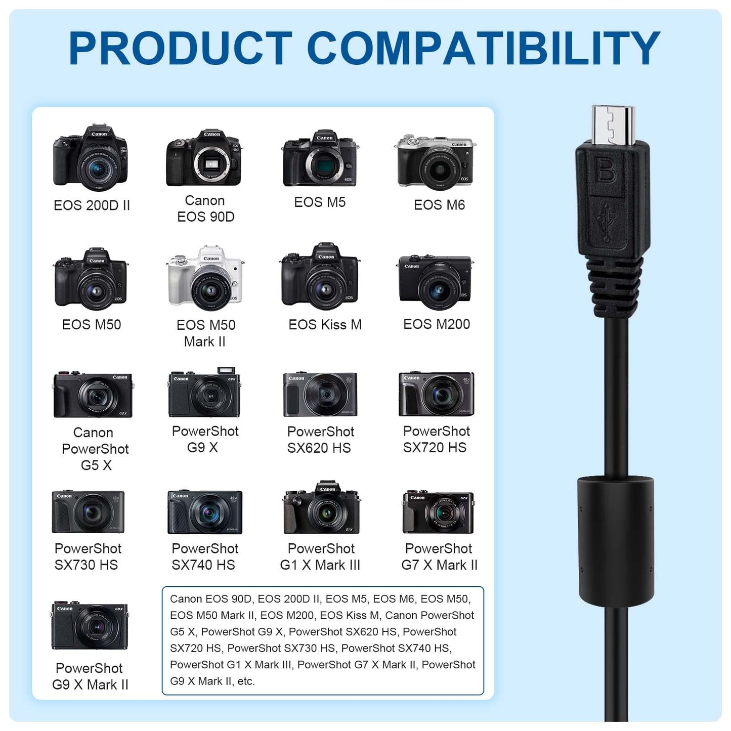 Replacement Camera Micro USB Charger Cable Data Sync Cord Compatible with Canon EOS M50, PowerShot G7X Mark II, G9 X Mark II, SX620 HS, SX720 HS