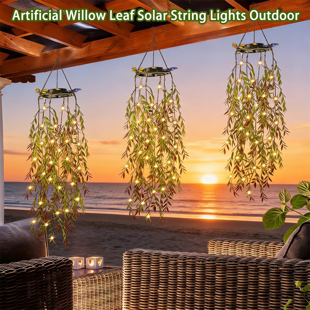 HSBMTBDBF Solar Hanging Garden Lights, 66 LED Artificial Willow Leaf Solar String Lights Outdoor, Birthday Gifts for Her Mom Grandma, IP65 Waterproof
