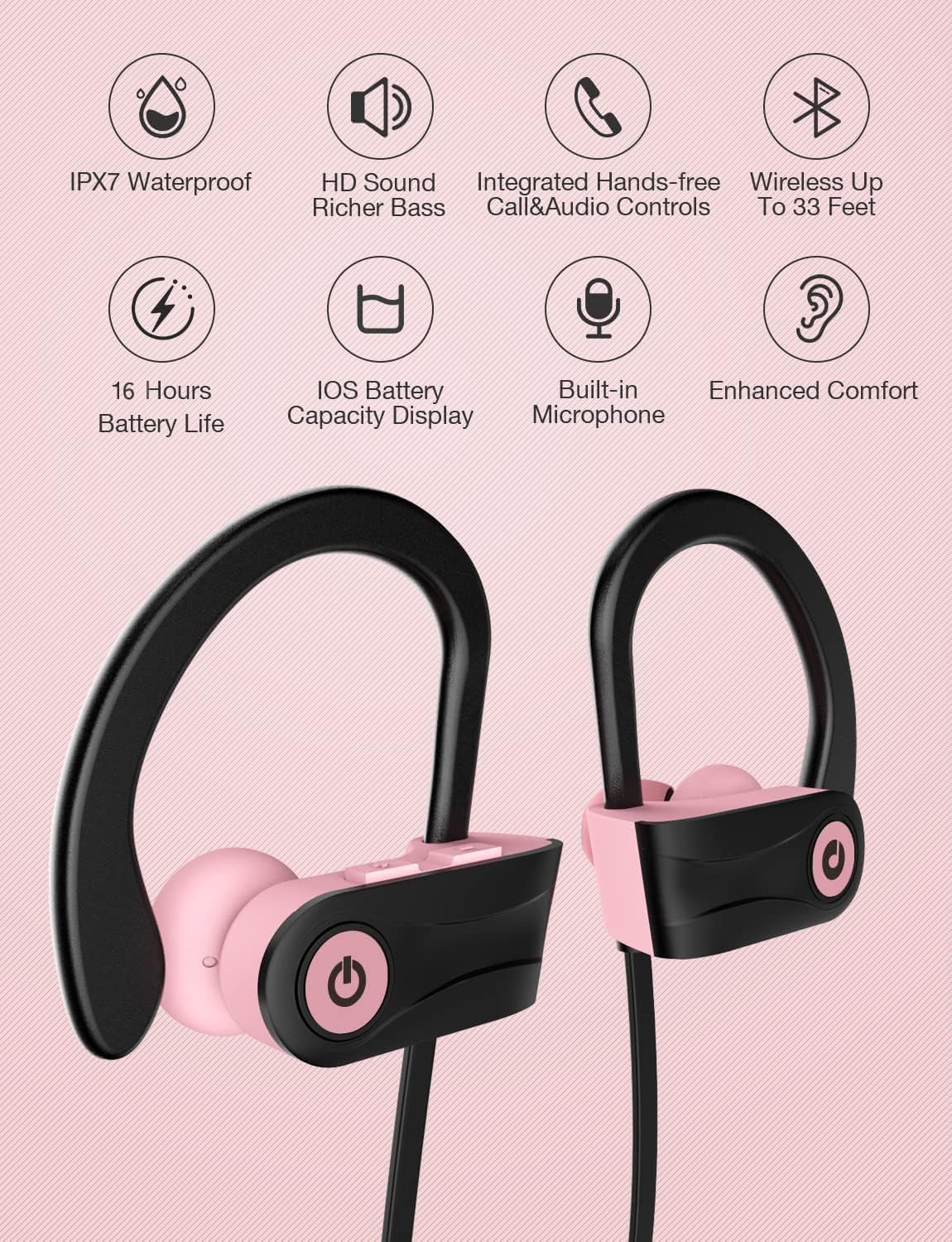 Otium Bluetooth Headphones Wireless Earbuds Headsets Wireless Earbuds Bluetooth Earphones IPX7 Waterproof 15 Hours Playtime Running Sports Workout