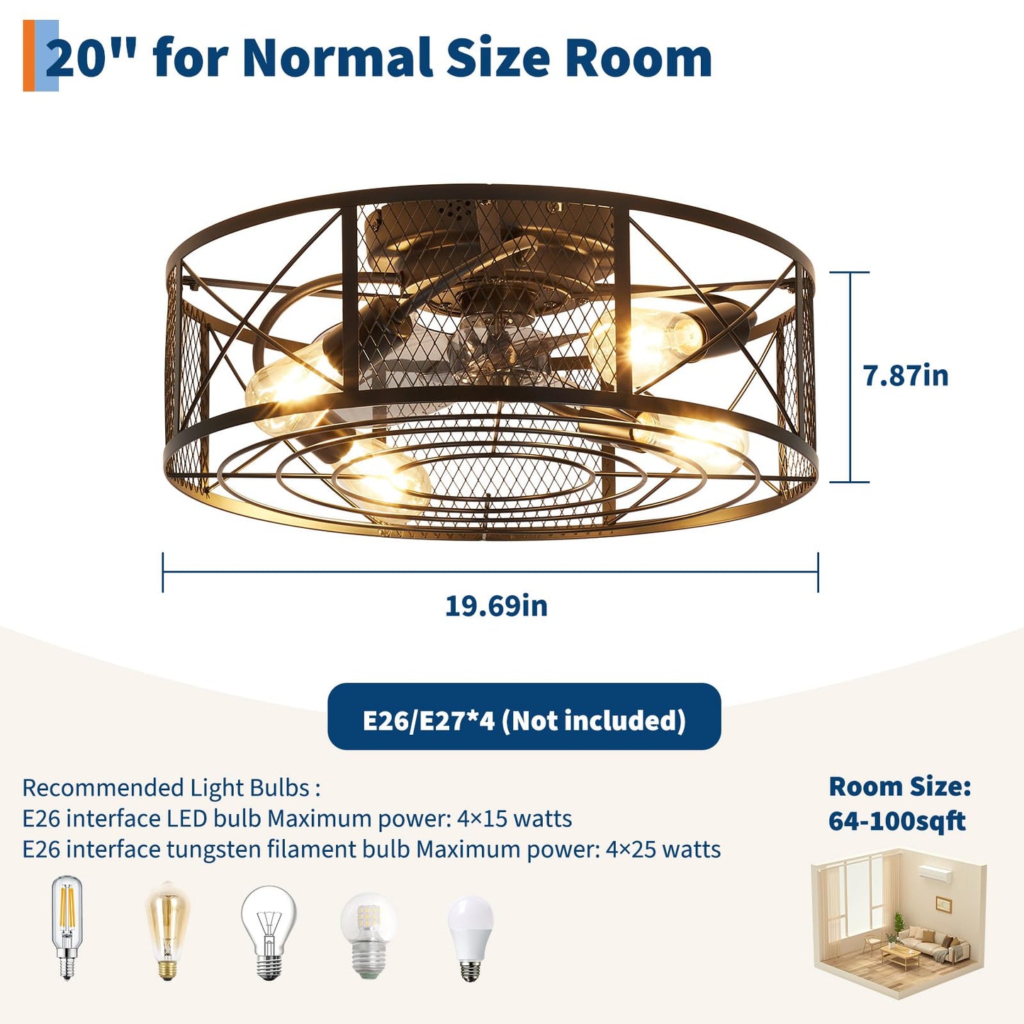 Klysiora Ceiling Fans with Lights and Remote,20'' 240W 6-Speed Adjustable Timer Ceiling Fans,Flush Mount Fandelier Cooling Fan for Bedroom, Kitchen