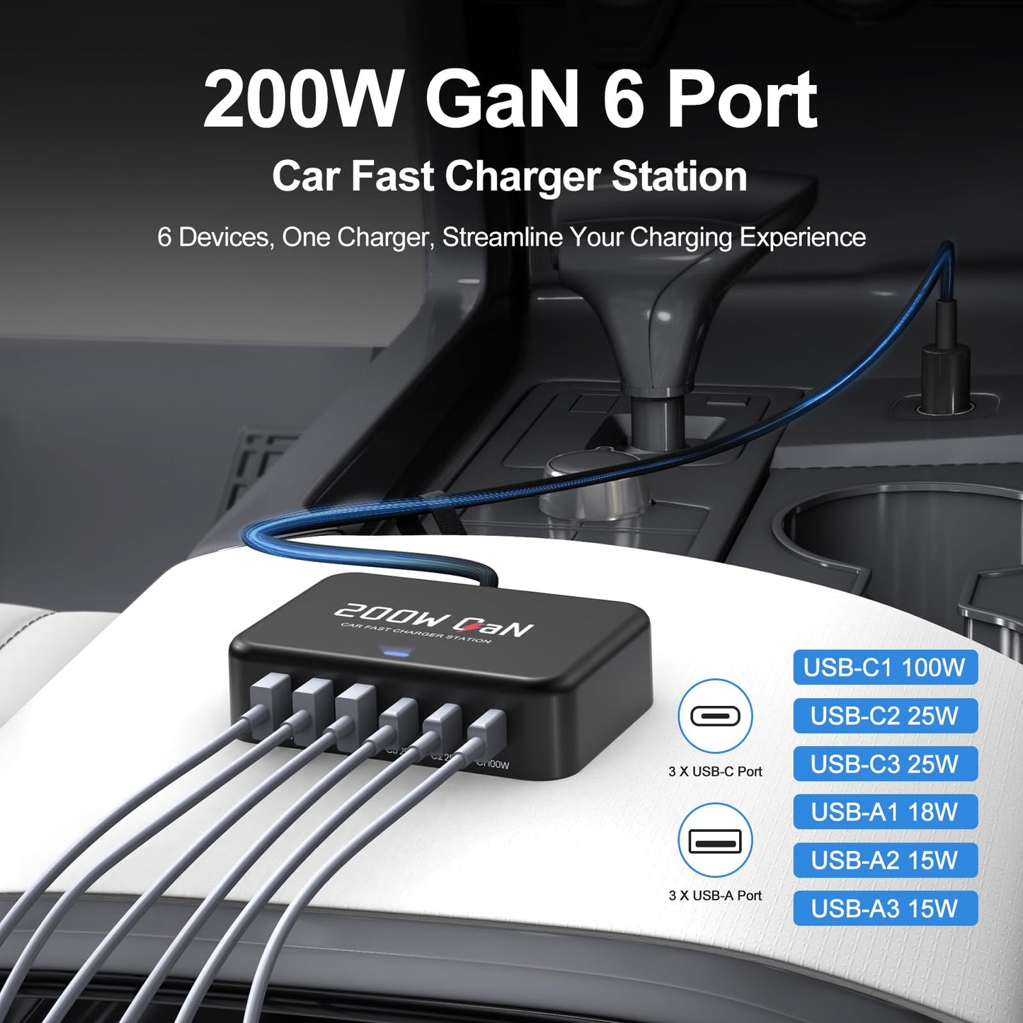 Dzytnsy 200W Car Fast Charging Station,6 Ports, Compatible with MacBook pro/Air/M5 M4 M3 M2 M1/Dell/Lenovo/HP,for iPhone 17/16/15 Series,Samsung