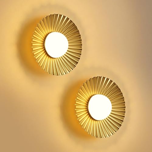 PUSU Cordless Gold Wall Sconces Set of 2, Battery Operated 5200mAh Rechargeable LED Round Pleated Dimmable Small Wall Light Lamps, Lighting