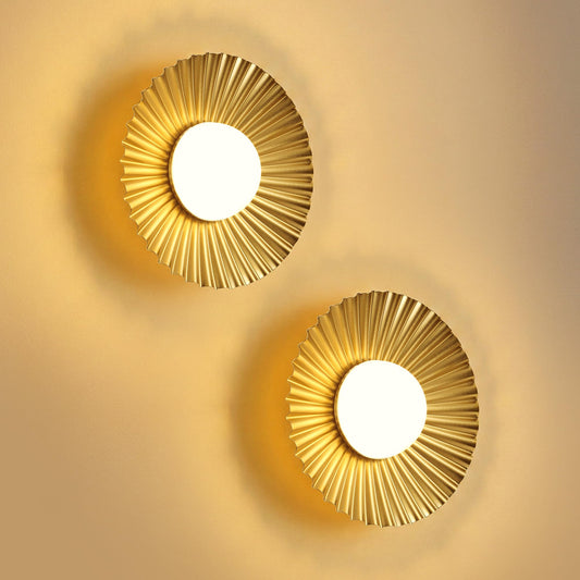 PUSU Cordless Gold Wall Sconces Set of 2, Battery Operated 5200mAh Rechargeable LED Round Pleated Dimmable Small Wall Light Lamps, Lighting