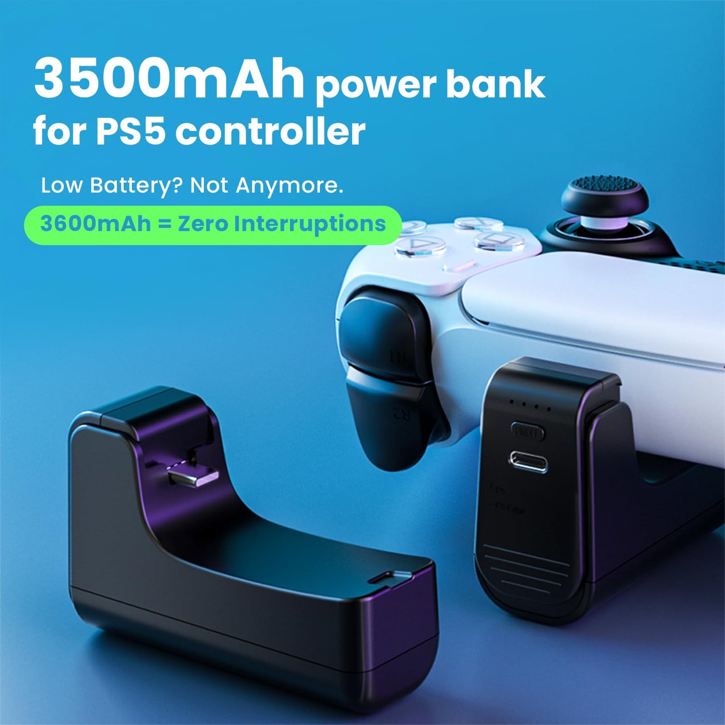 Ps-5 Controller Wireless Charger-Xhiver Portable Battery for DualSense,3500mAh, +15 Hours of Battery Life,Play While Charging&USB-C for Ps-5