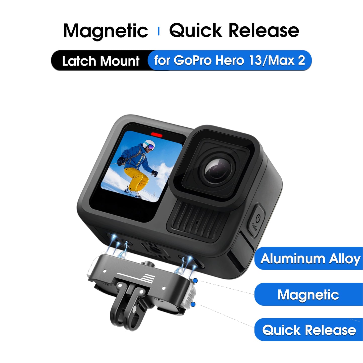 Magnetic Quick Release Mount for GoPro Hero 13,for Go Pro Max 2 Lit Hero, Aluminum Latch Mount with 1/4" Screw and Dual-Claws Interface, 2 Connection