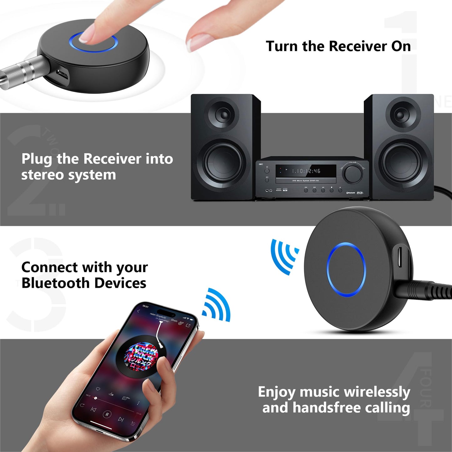 SONRU Bluetooth Aux Adapter for Car, Wireless Audio Receiver, Portable Hands-Free Kit with RCA AUX 3.5mm for Home/Car Stereo Music Streaming Sound