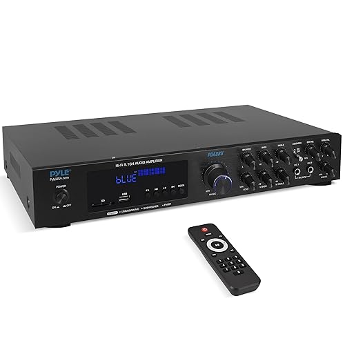 Pyle Bluetooth 5.1 Amplifier - Home Audio / Theater / Karaoke Receiver with 5 Channels and Subwoofer Out - 2 Mic Inputs w/ Echo, USB-A / SD Reader