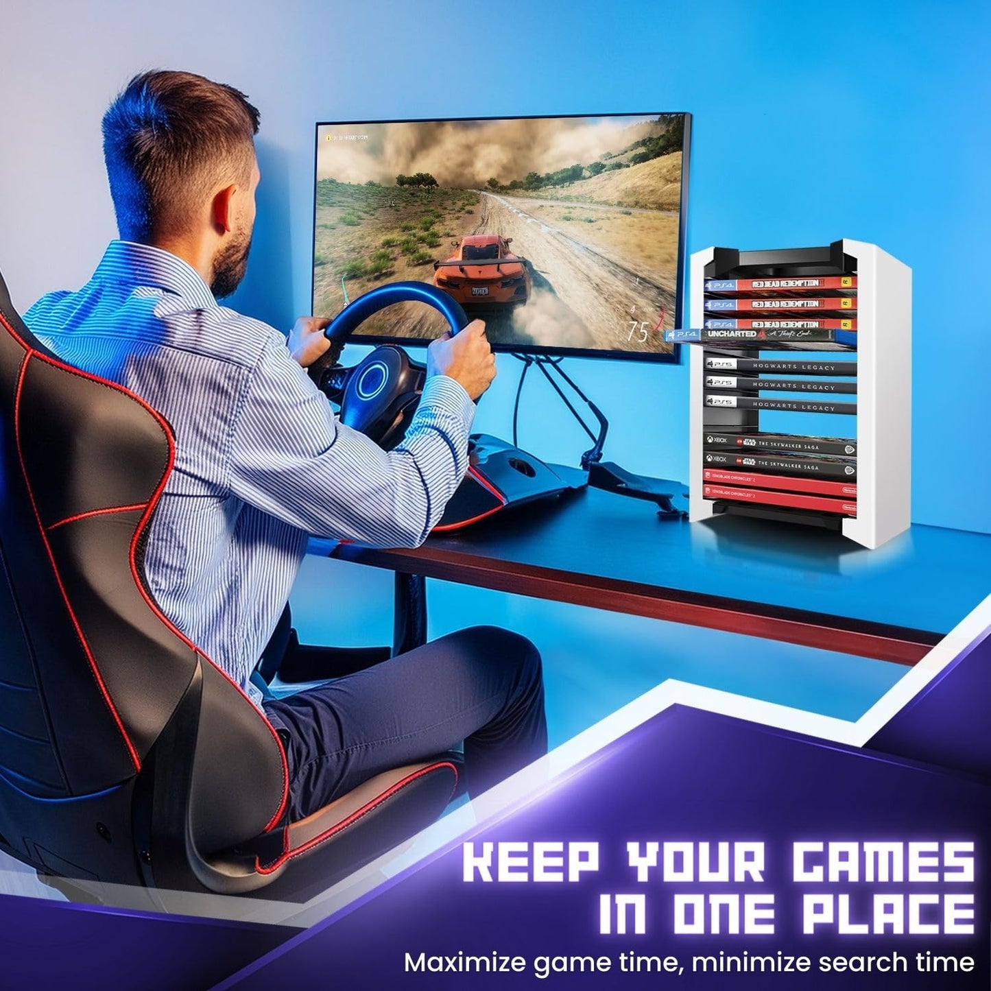 TNP Universal Video Game Storage Tower for PS5, PS4, PS3, Nintendo Switch, Xbox One, Xbox Series S/X - White Video Game Holder Organizer Stand with 12