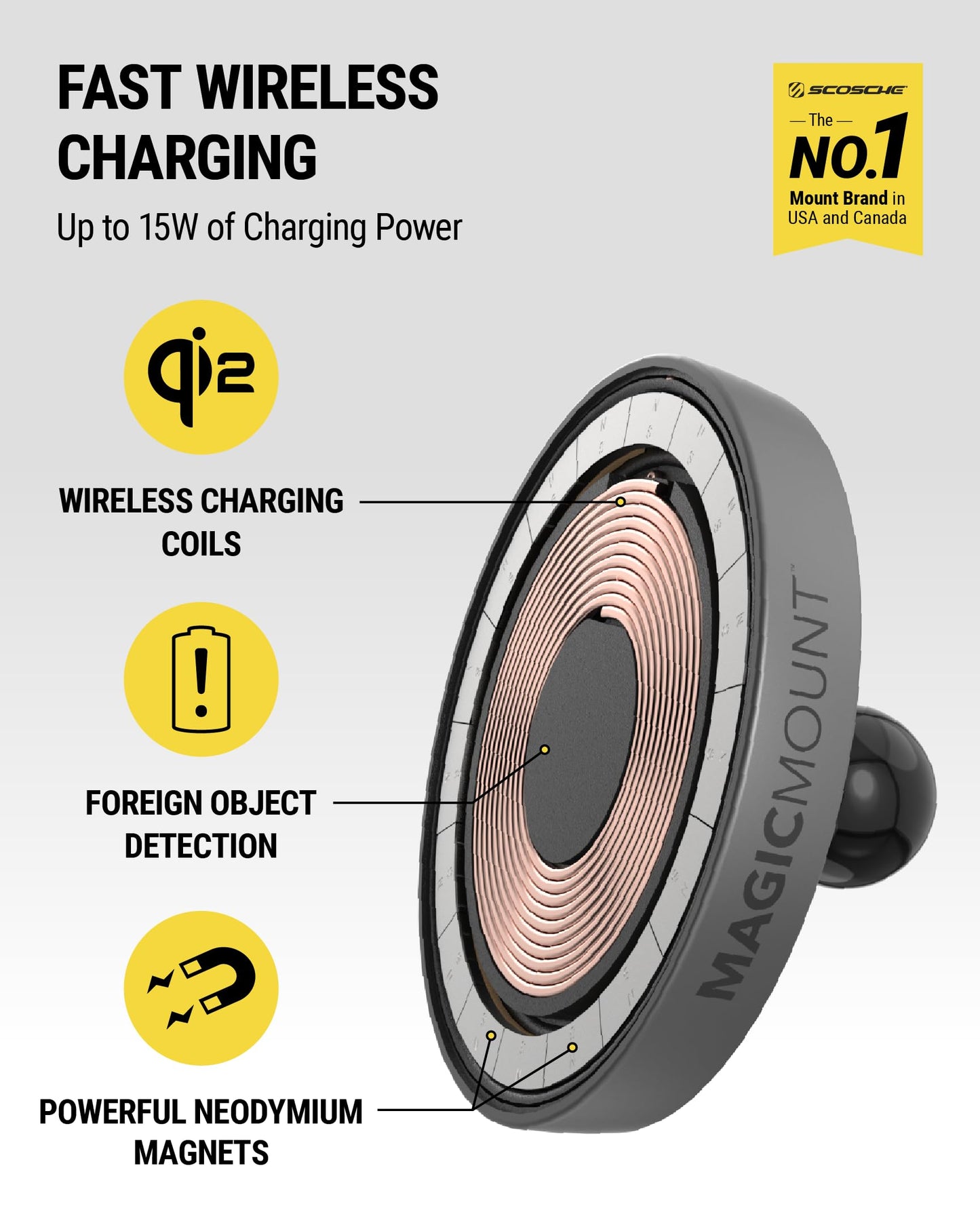 Scosche MagicMount Charge Pro Qi2 Fast Wireless Charging MagSafe Car Mount Charger, 15W Magnetic Cell Phone Holder for Car Dashboard/Windshield