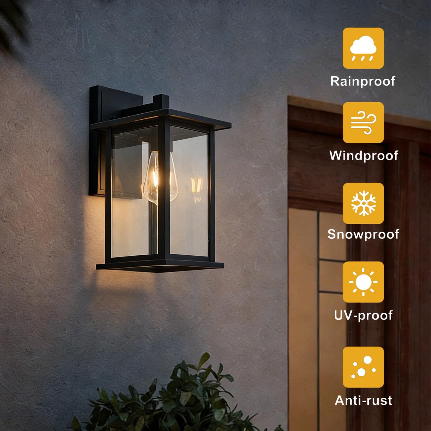 Directlux Outdoor Wall Light Fixtures,Waterproof Exterior Porch Sconces with E26 Sockets and Glass Shades, Modern Textured Black (8 inch)
