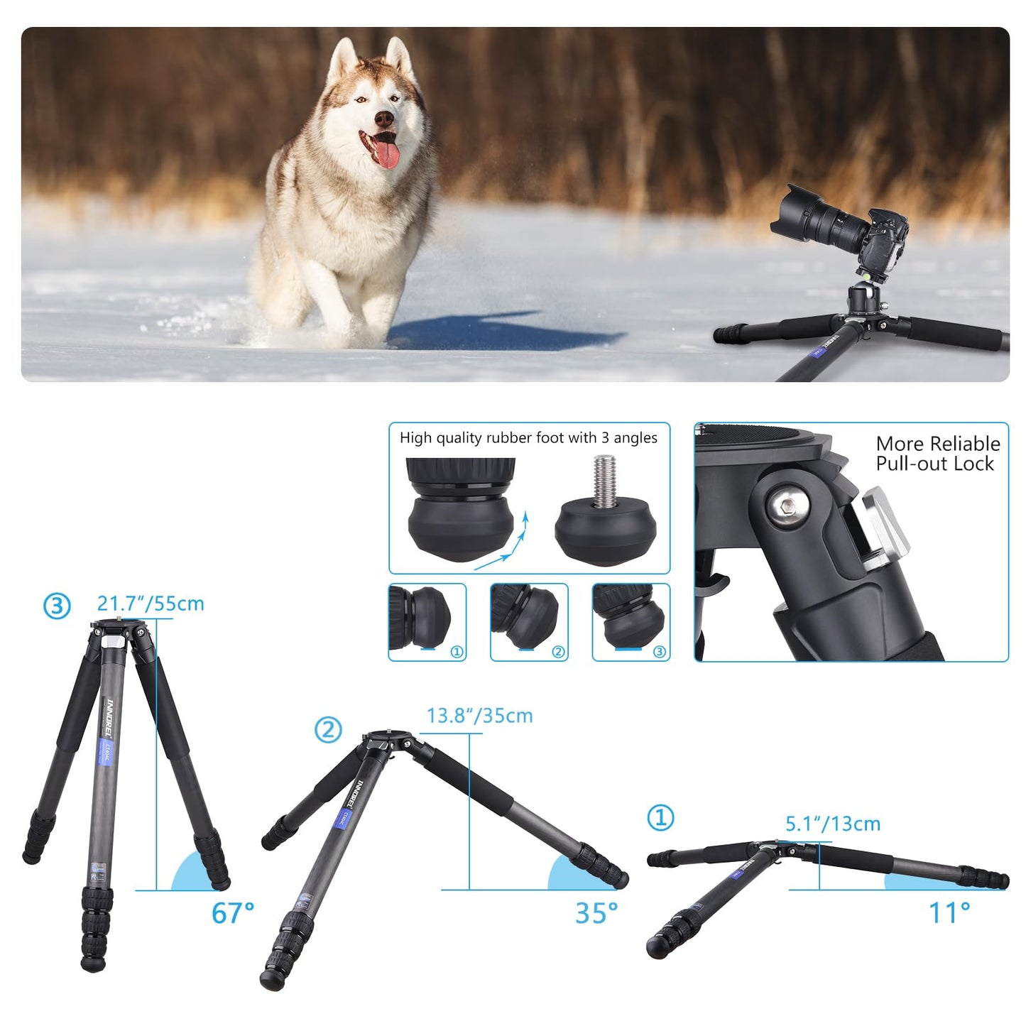 Compact Carbon Fiber Tripod - Heavy Duty 40mm Leg Tubes, Max Height 63.6in/162cm, Stable and Lightweight Travel Stand for DSLR, Video Cameras, Max