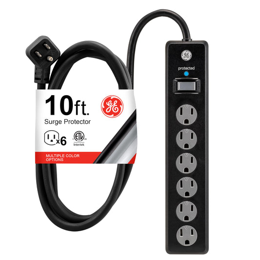 GE 6-Outlet Surge Protector, 10 Ft Extension Cord, Power Strip, 600 Joules, Twist-to-Close Safety Covers, Protected Indicator Light, ETL Listed
