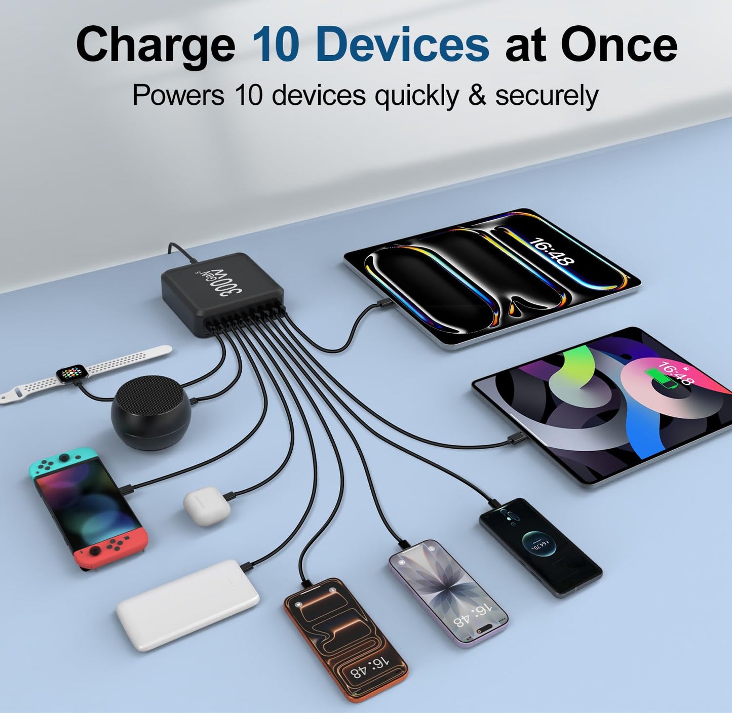 USB Charger Station,10 Port USB C Charger Block with 6FT/10FT Cables,300W GaN Type C Charging Hub iPhone Charger Fast Charging for iPhone 17 16 15 Pro