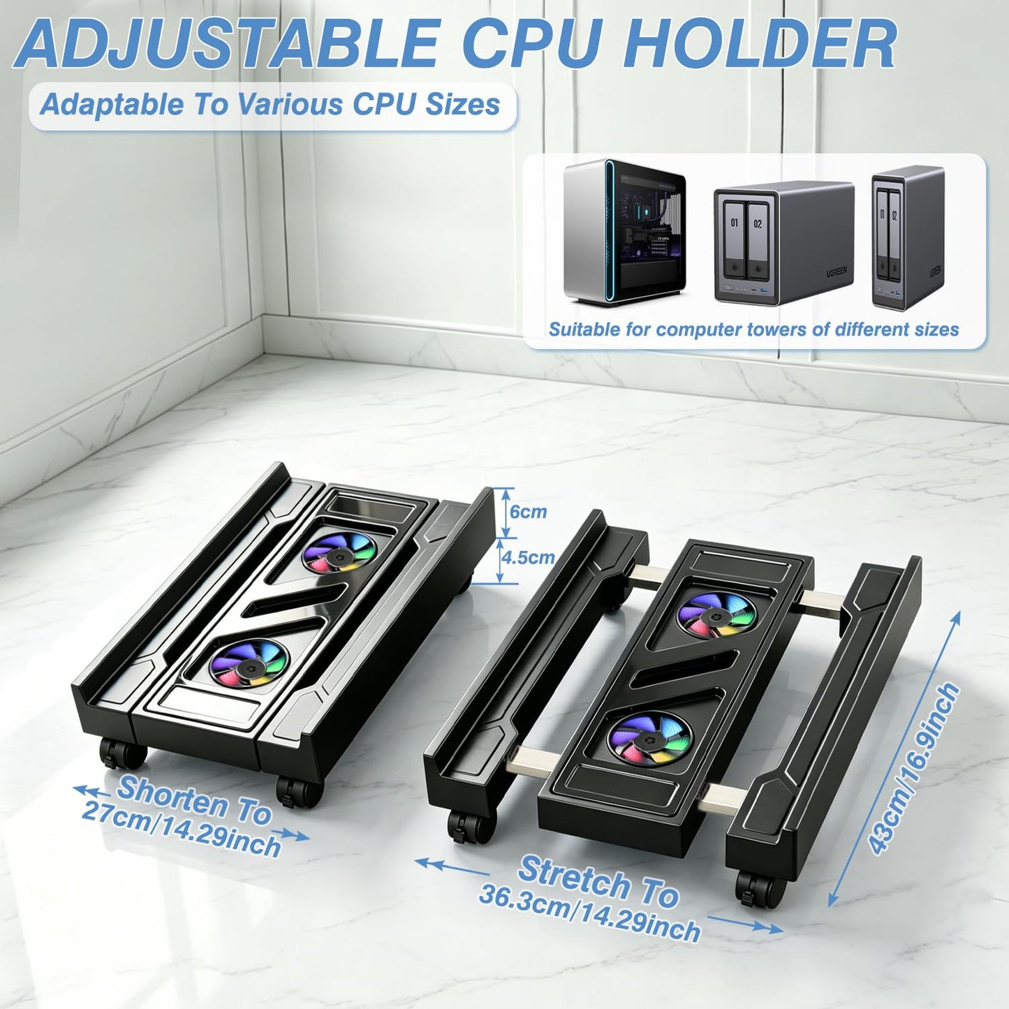 Hmseng PC Stand for PC Tower With F, Computer Desktop Stand with 4 Lockable Castors, Universal Adjustable CPU Stand with Wheels - (New Black)