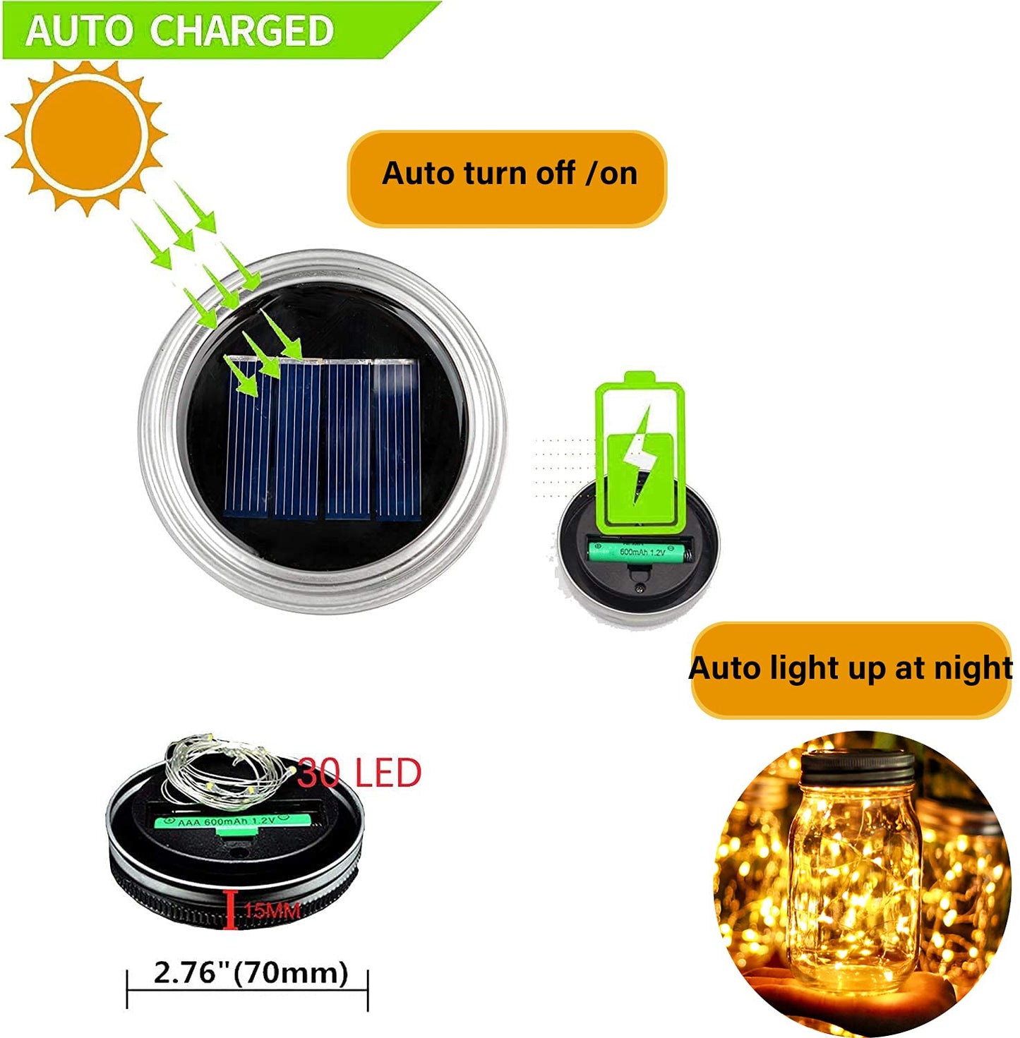 Ostritec Solar Mason Jar Lights Lids, 12 Pack 30 Led Fairy Lights(Jars Not Included), Outdoor Hanging Mason Jar Solar Lights, Fairy in a Jar Firefly
