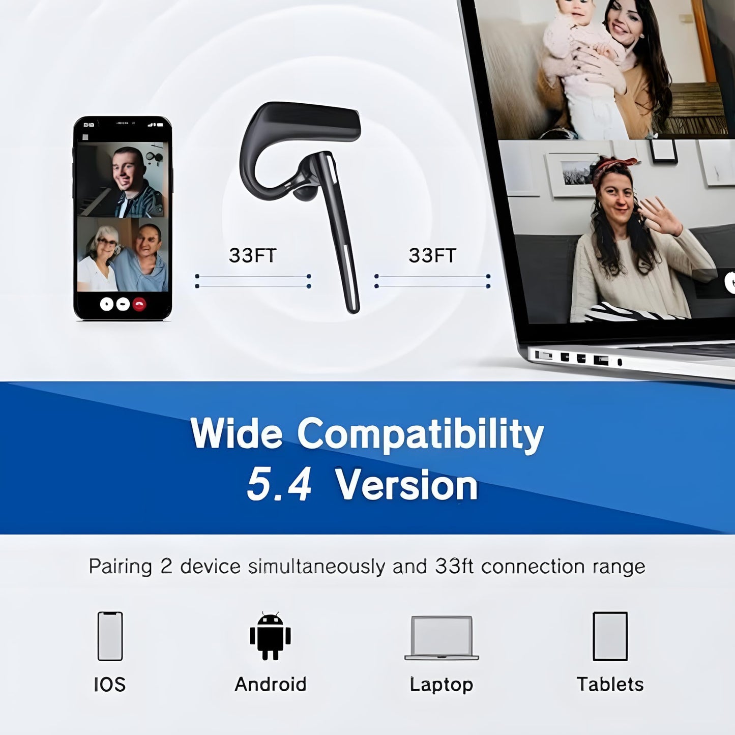 Bluetooth Headset V5.4, Wireless Bluetooth Earpiece with CVC8.0 Dual Mic Noise Cancelling, 110 Hours Talktime Hands-Free Headphones for Cell Phone