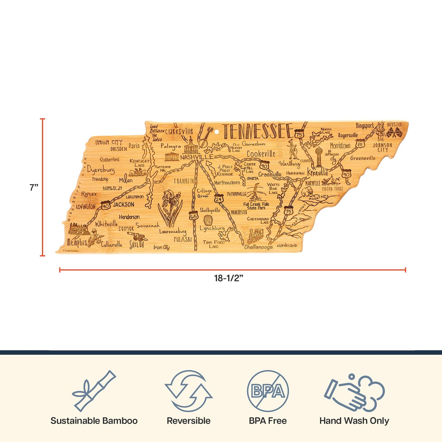 Totally Bamboo Destination Tennessee State Shaped Cutting Board, Charcuterie and Cheese Serving Board - Tennessee Gift for Home Décor or Everyday…