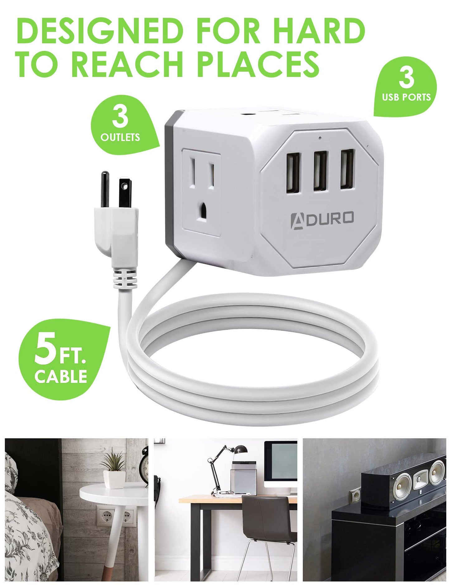 Aduro PowerUp Square Multiple Plugs & USB Power Strip with 3 USB Ports + 3 AC Plug Outlets, White/Grey