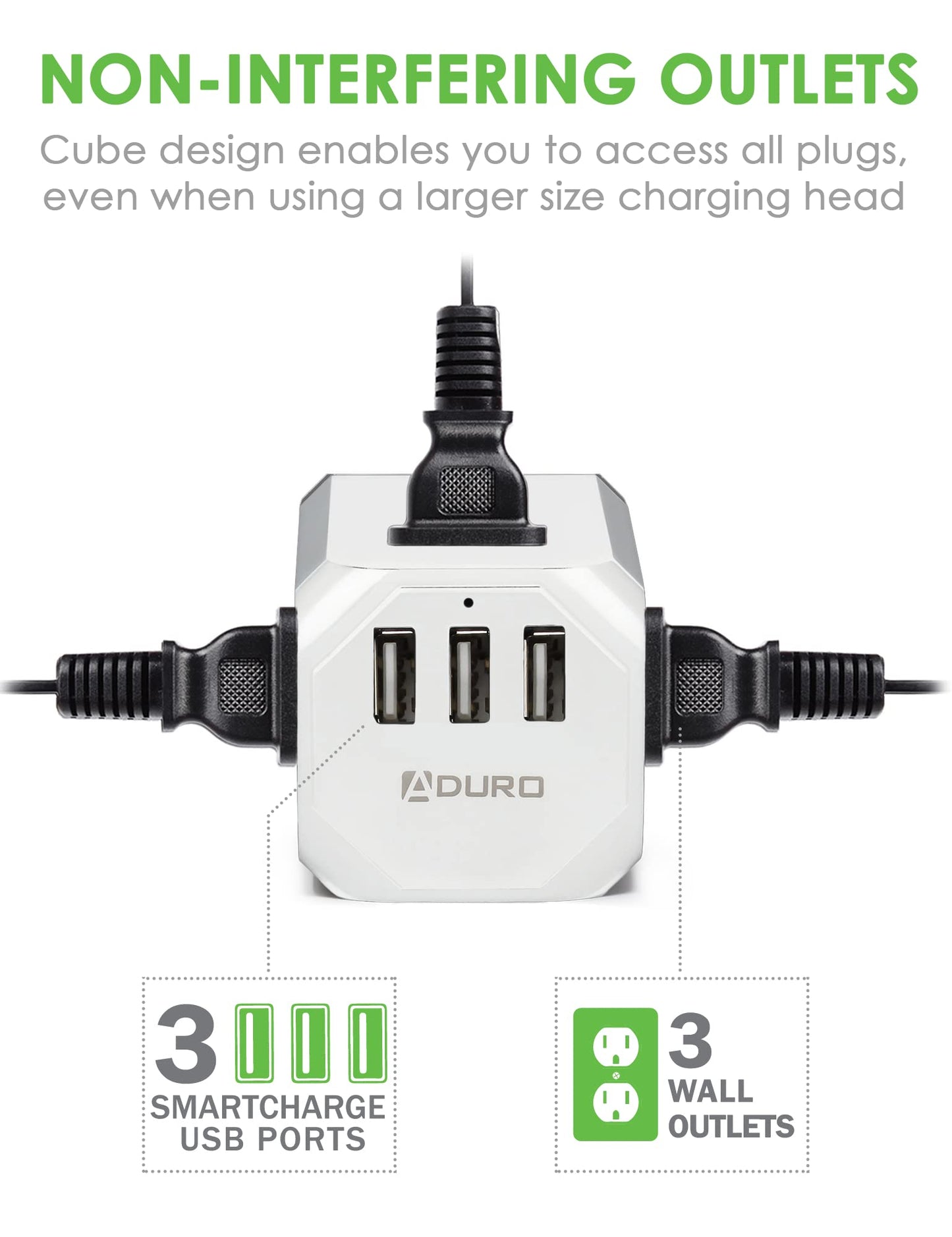 Aduro PowerUp Square Multiple Plugs & USB Power Strip with 3 USB Ports + 3 AC Plug Outlets, White/Grey