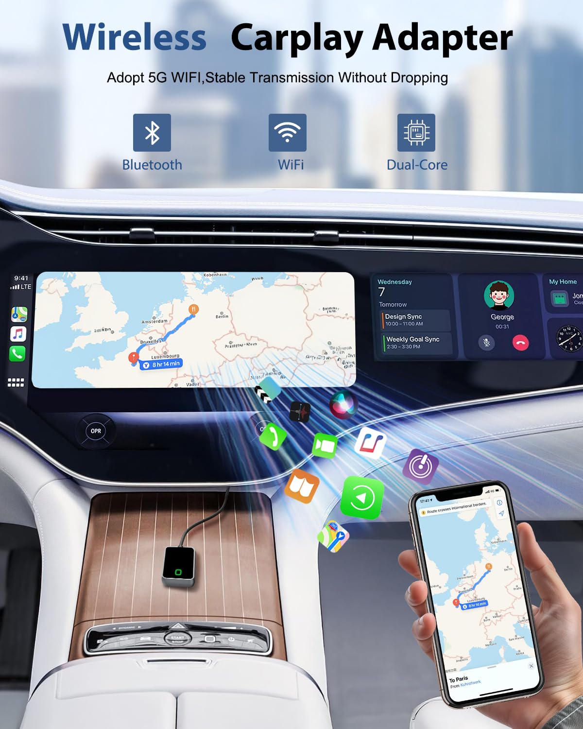 Wireless Carplay Adapter for iPhone, Converts Wired CarPlay to Wireless, Plug and Play Dongle for Apple CarPlay, Bluetooth Control Adapter for Cars