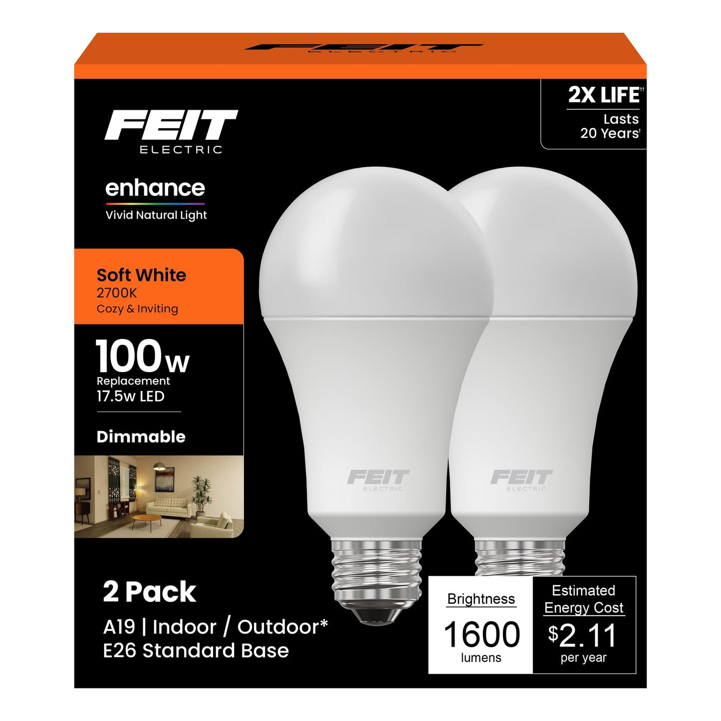 Feit Electric Enhance A19 LED Light Bulb, 100W Eq, Soft White, 2 Pack