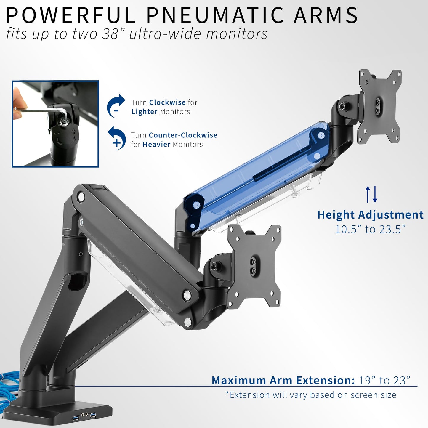 VIVO Premium Aluminum Heavy Duty Arms, Fits 2 Ultrawide Monitors up to 38 inches, Widescreen Dual Monitor Desk Mount with Instant Pneumatic Spring