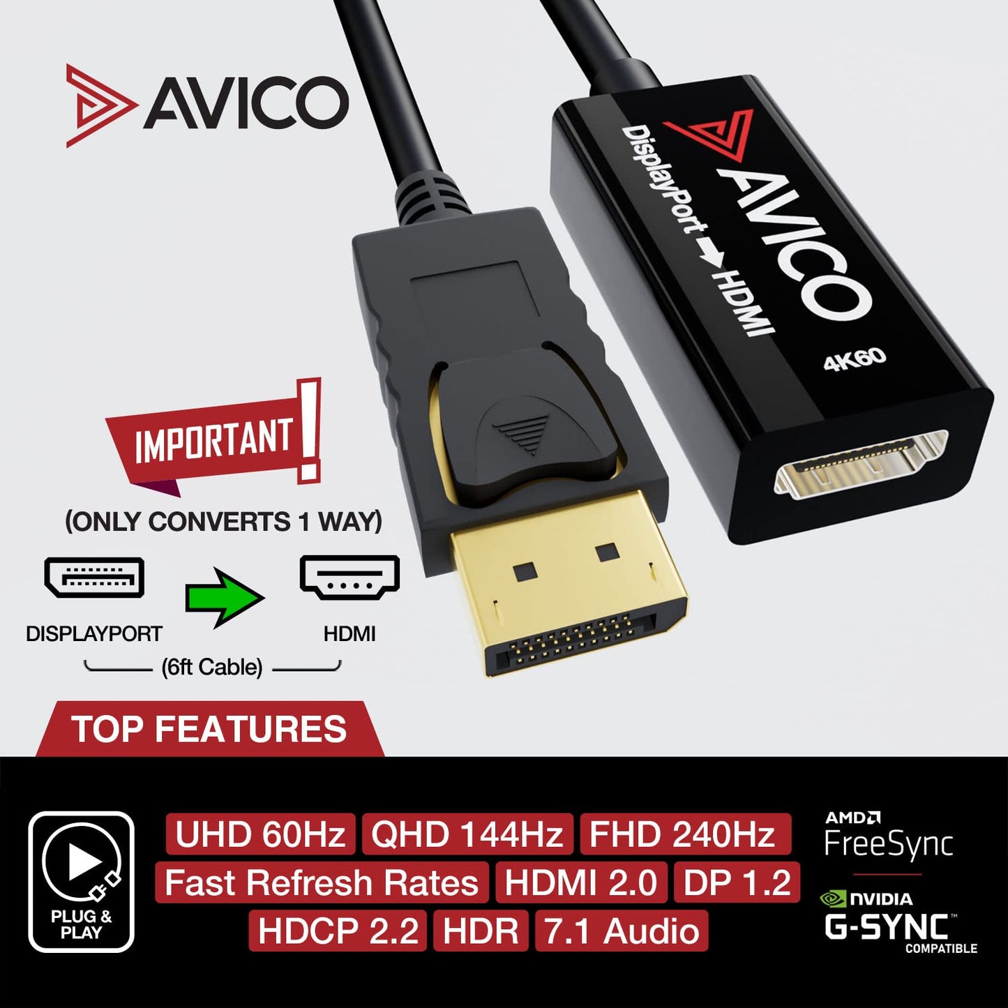 Avico DisplayPort 1.2 to HDMI 2.0 Adapter - 4K 60hz HDR - 2K 144hz - 1080P 240hz - 6ft Cable - for Monitors, TVs, PCs, MacBooks, Projectors