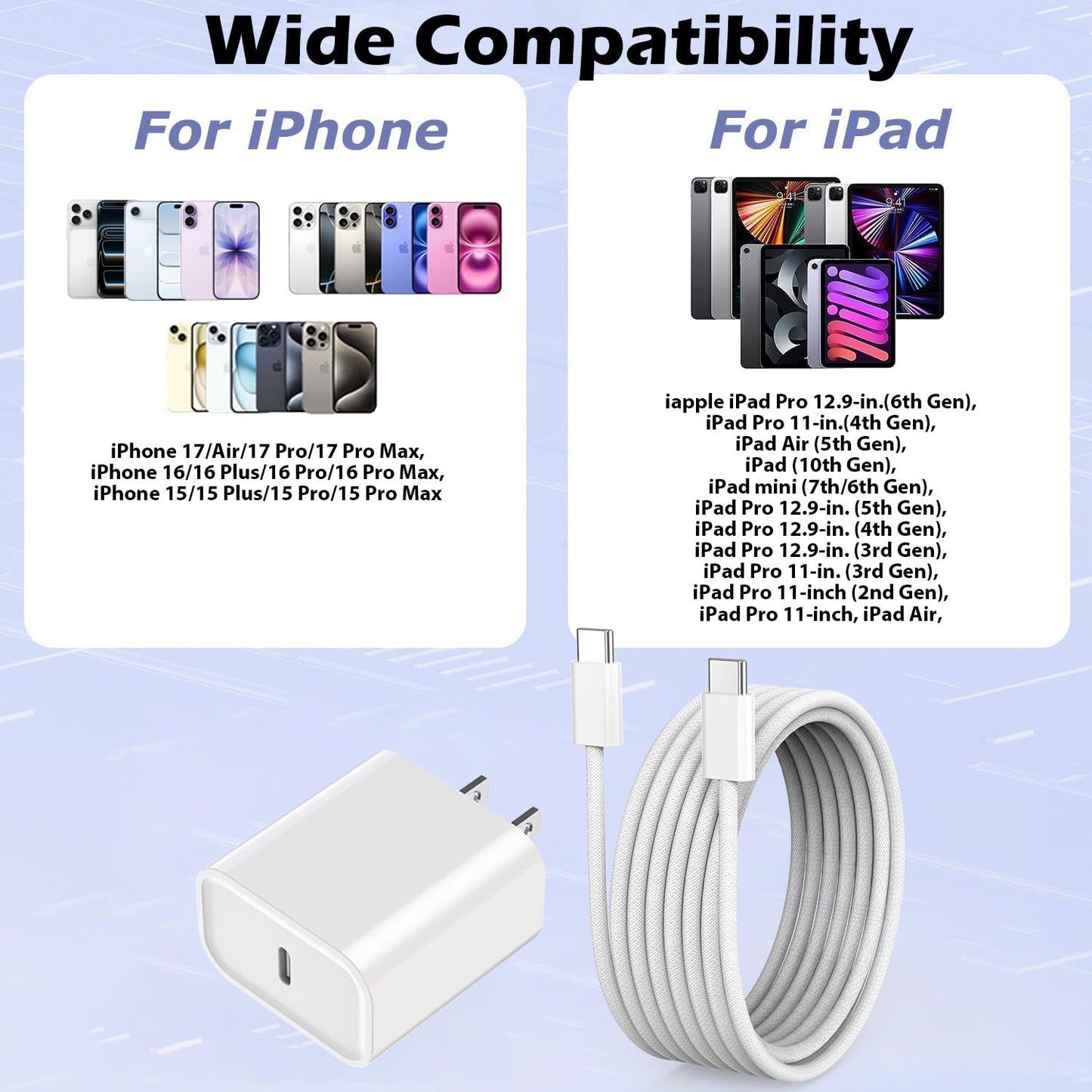 [Apple MFi Certified] iPhone Air/17 Charger,USB C Fast Charging 2Pack 20W Apple Charger Type C Block 6FT USB C to C Woven Cable for iPhone 17 Pro