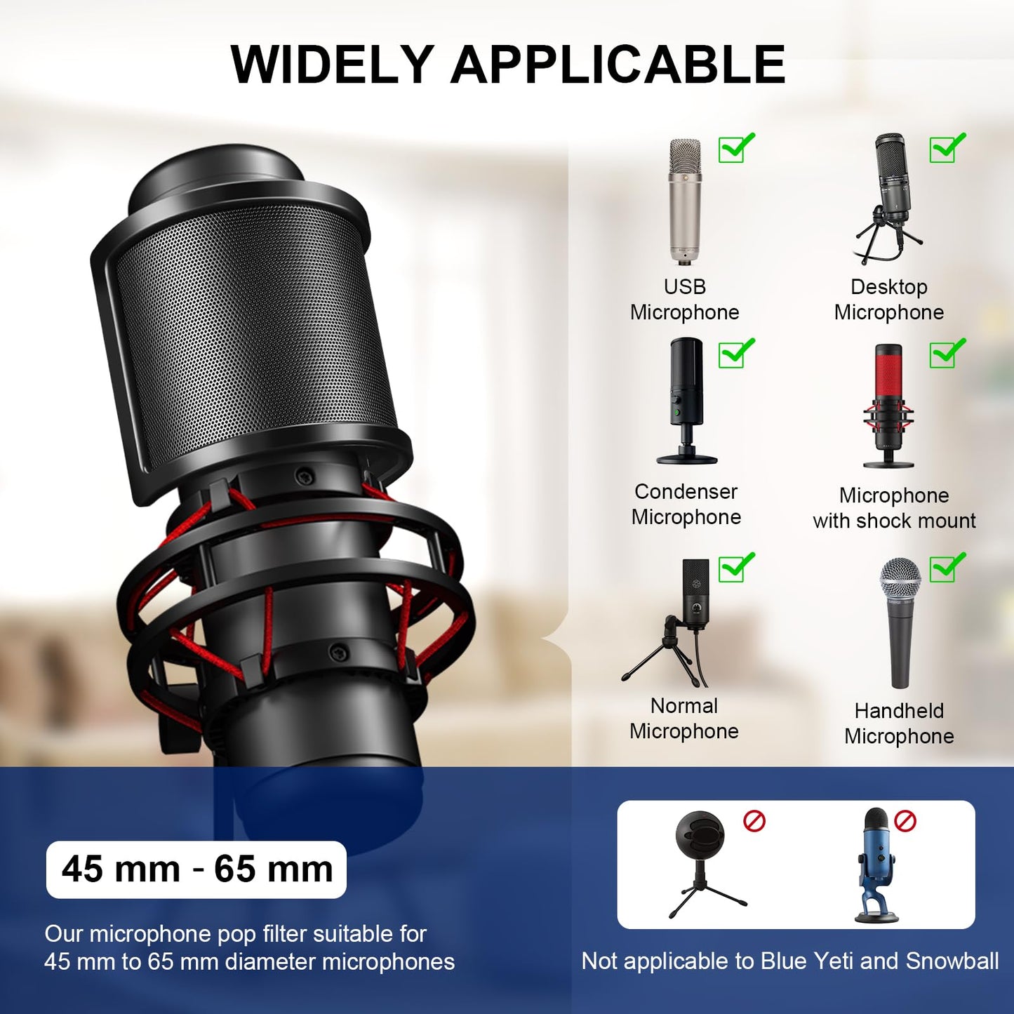 Aokeo Pop Filter, [Upgraded Three Layers] Metal Mesh & Foam & Etamine Layer Microphone Windscreen Cover Handheld Mic Shield Mask,Microphone