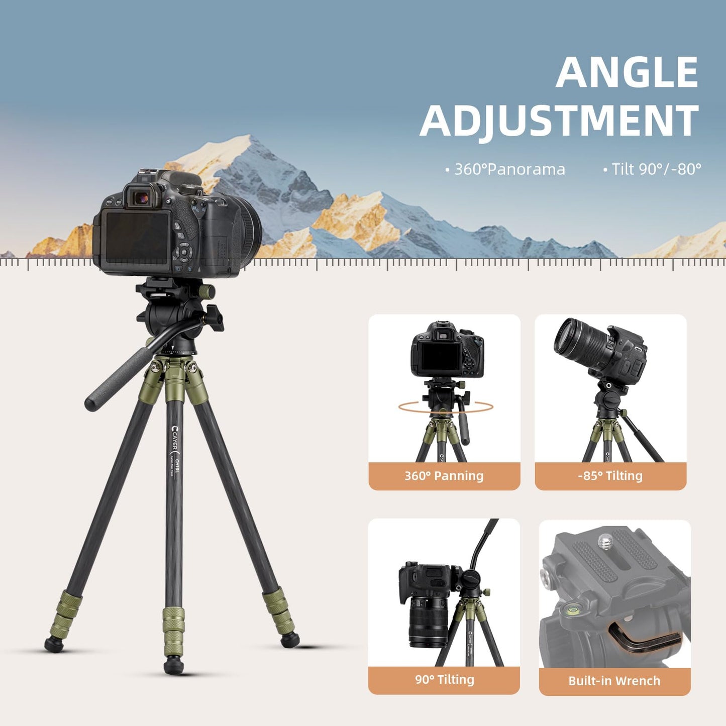 Cayer CH10L Carbon Fiber Tripod with S1 Mini Fluid Head, 28" Compact Desktop Stand, Tabletop Camera Support with Center Column for Mirrorless Cameras