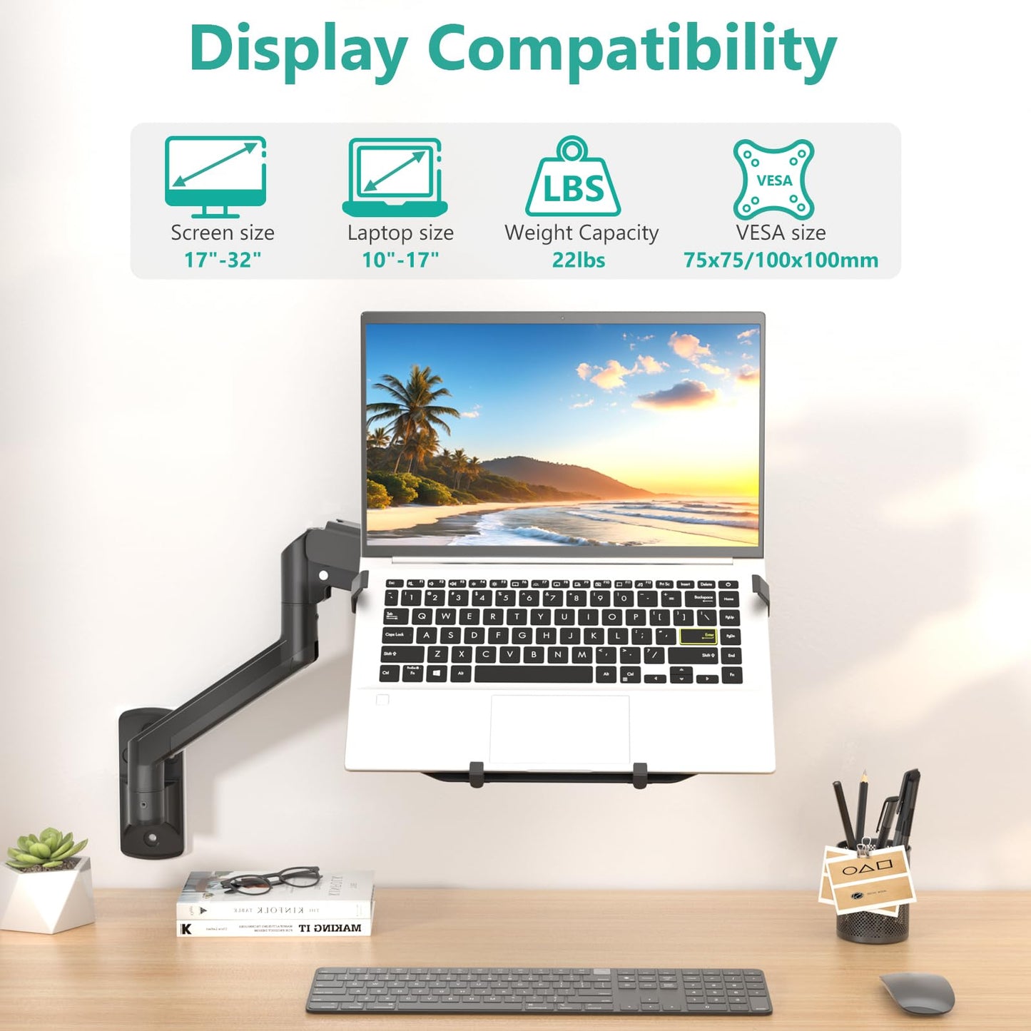 WALI Laptop Wall Mount, Single Monitor Arm for 17" Notebook and Up to 32" Screen, Full Motion Adjustable Monitor Wall Mount with Laptop Tray, VESA