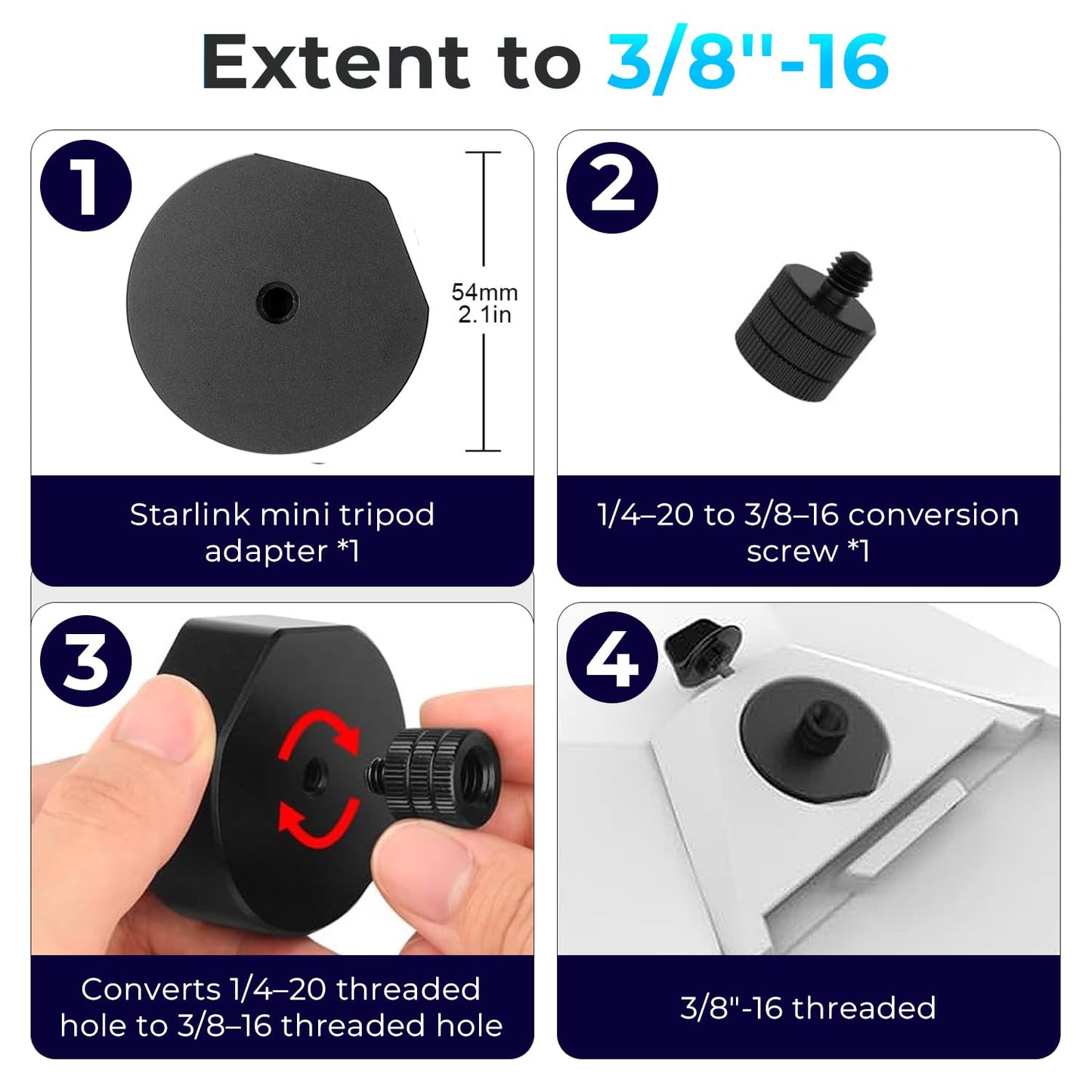 Tripod Adapter for Starlink Mini, AIRYSEE Premium Aluminum Alloy Travel Tripod Adapter 1/4"~20 and 3/8"~16 Threaded - Starlink Mini Accessories