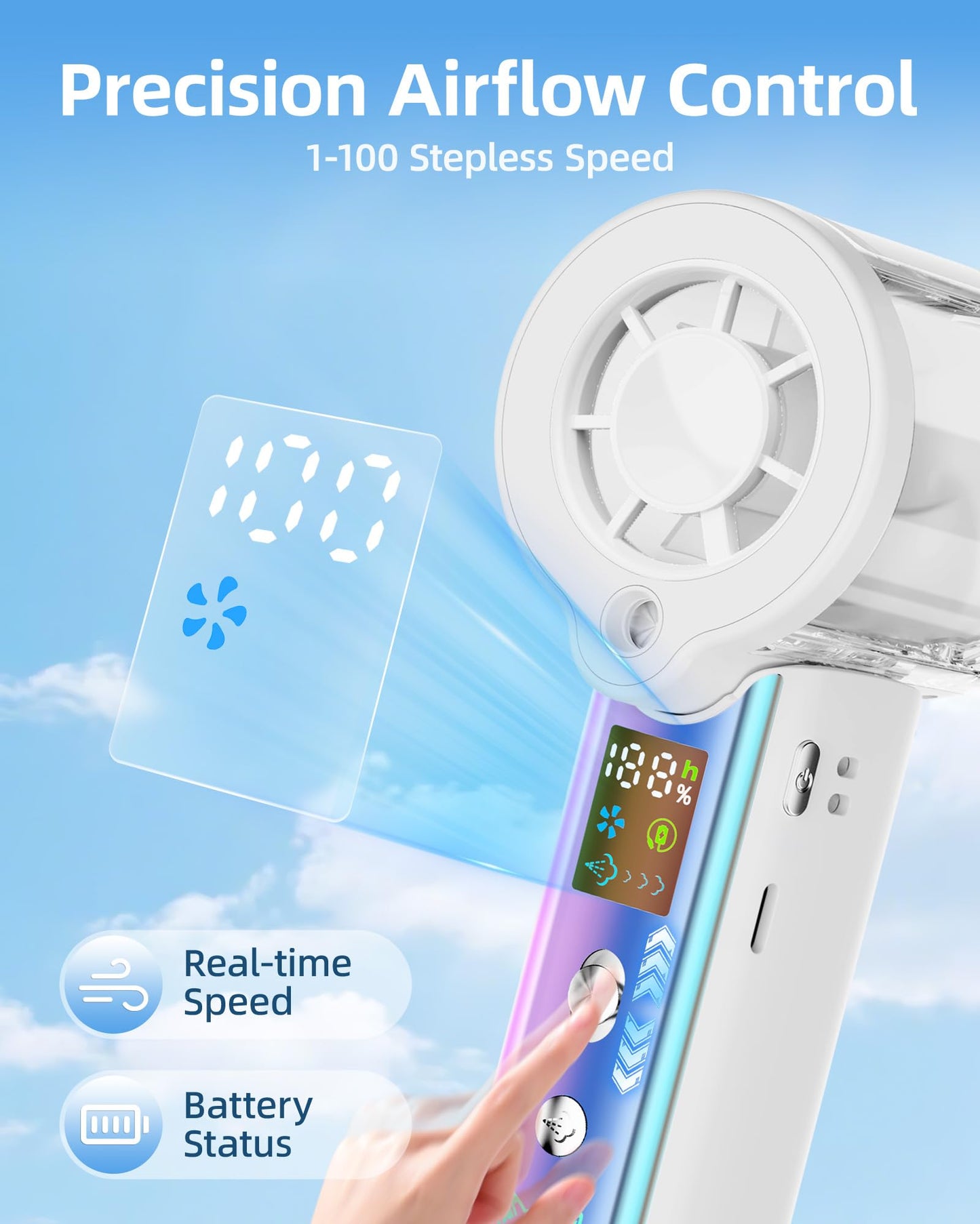 Carehabi Handheld Fan with Water Cooling, 30,000 RPM Mini Fan Battery 3000 mAh, 1-100 Levels Portable Fan Small with LED Display, Quiet USB Fan Hand