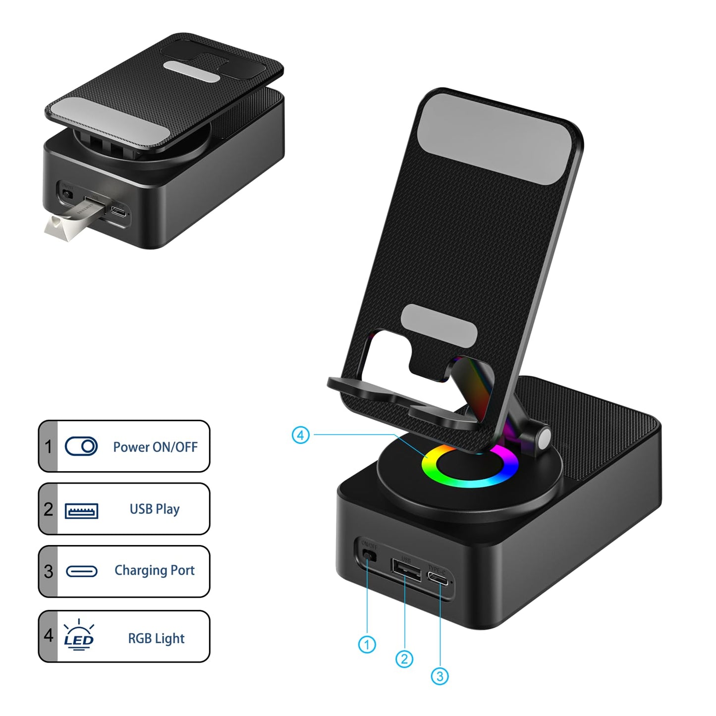 Cell Phone Stand with Wireless Bluetooth Speaker, LED, Anti-Slip Base HD Surround Sound,Perfect for Home/Outdoor with Bluetooth Speaker for Desk