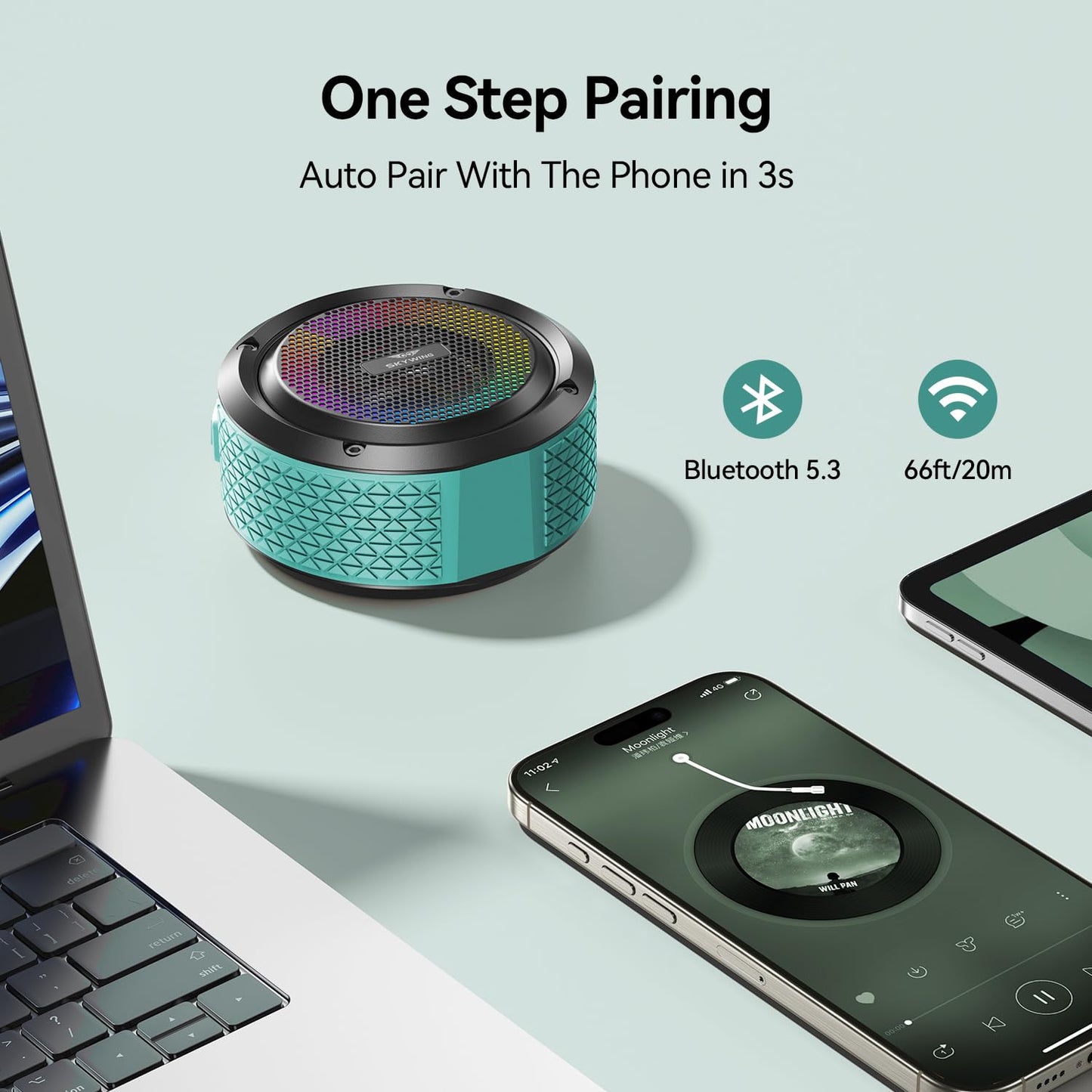 SKYWING Shower Speaker, Certified IPX7 Waterproof,Portable Bluetooth Speaker with Suction Cup,Hook,Light, Stocking Stuffers, Premium Mini Outdoor