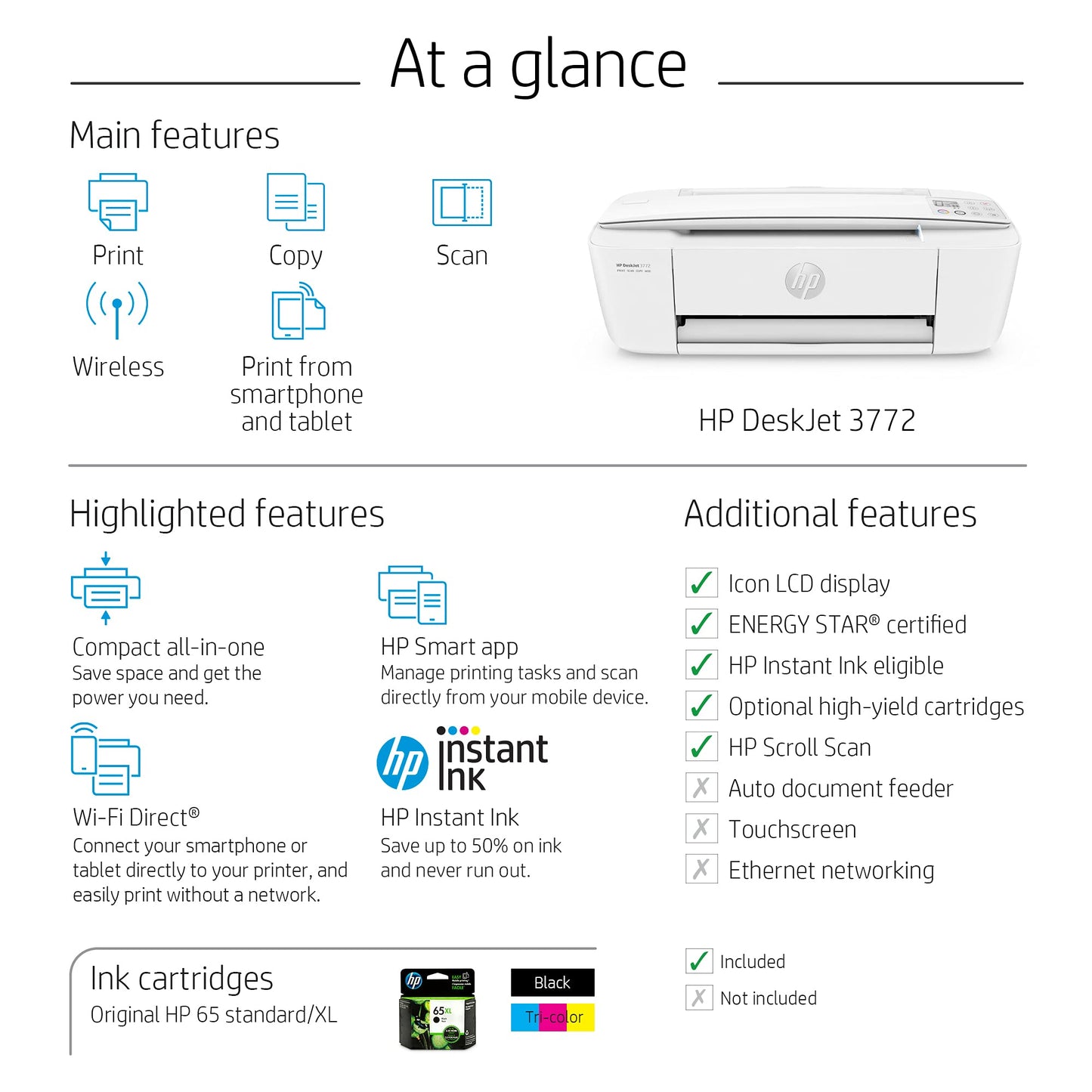 HP DeskJet 3772 All-in-One Color Inkjet Printer Scanner and Copy, Instant Ink Ready, Wireless Printers for Home and Office, Photo Print, Built-in