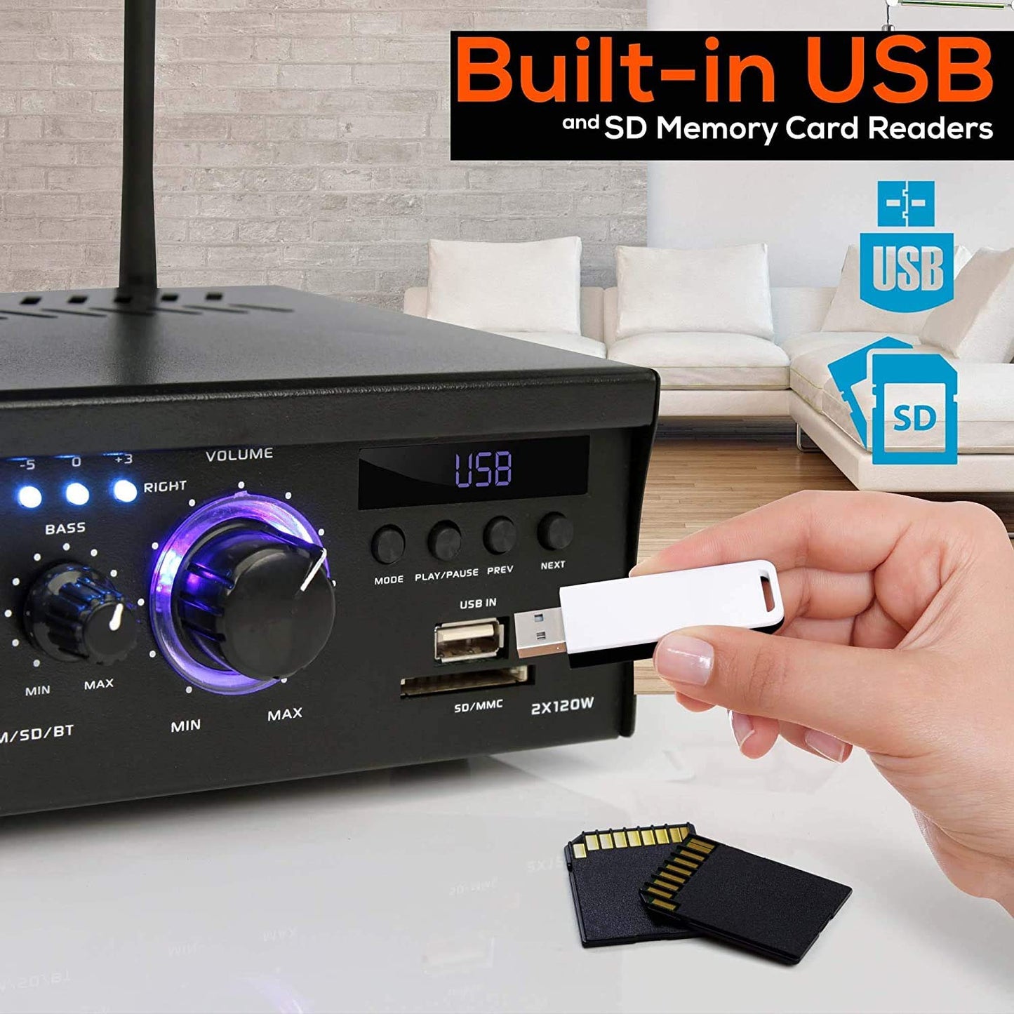 Pyle Home Power Amplifier with Bluetooth Wireless - 2 x 120 Watt Stereo Receiver w/ Blue LED Level Meter, FM Radio, USB-A Input w/ MP3 Player, SD Card