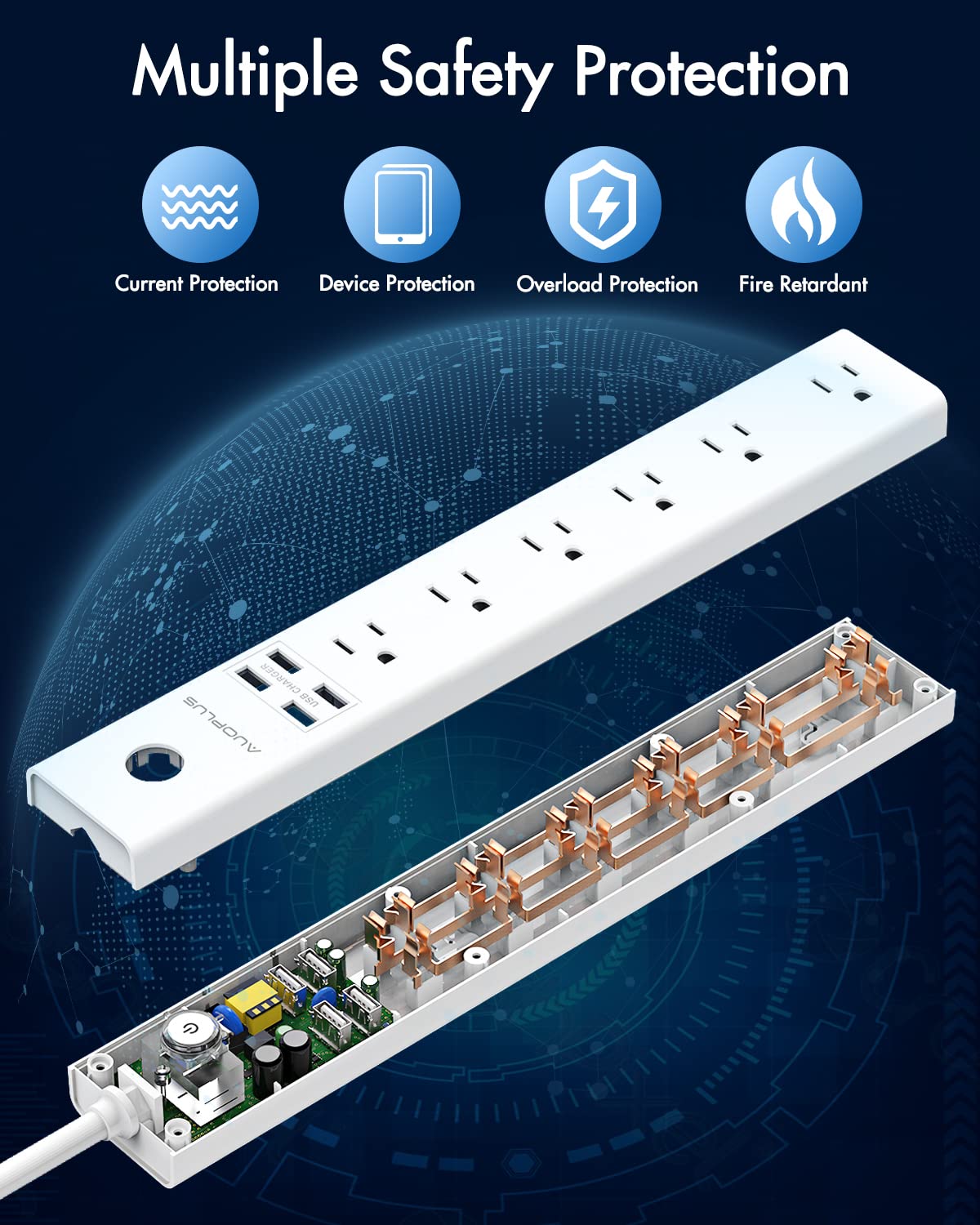Power Strip 10Ft - Surge Protector with USB, AUOPLUS 6 Outlet and 4 USB Charger, 10Ft Long Extension Cord Flat Plug(1250W/10A/2100J), Wall Mountable