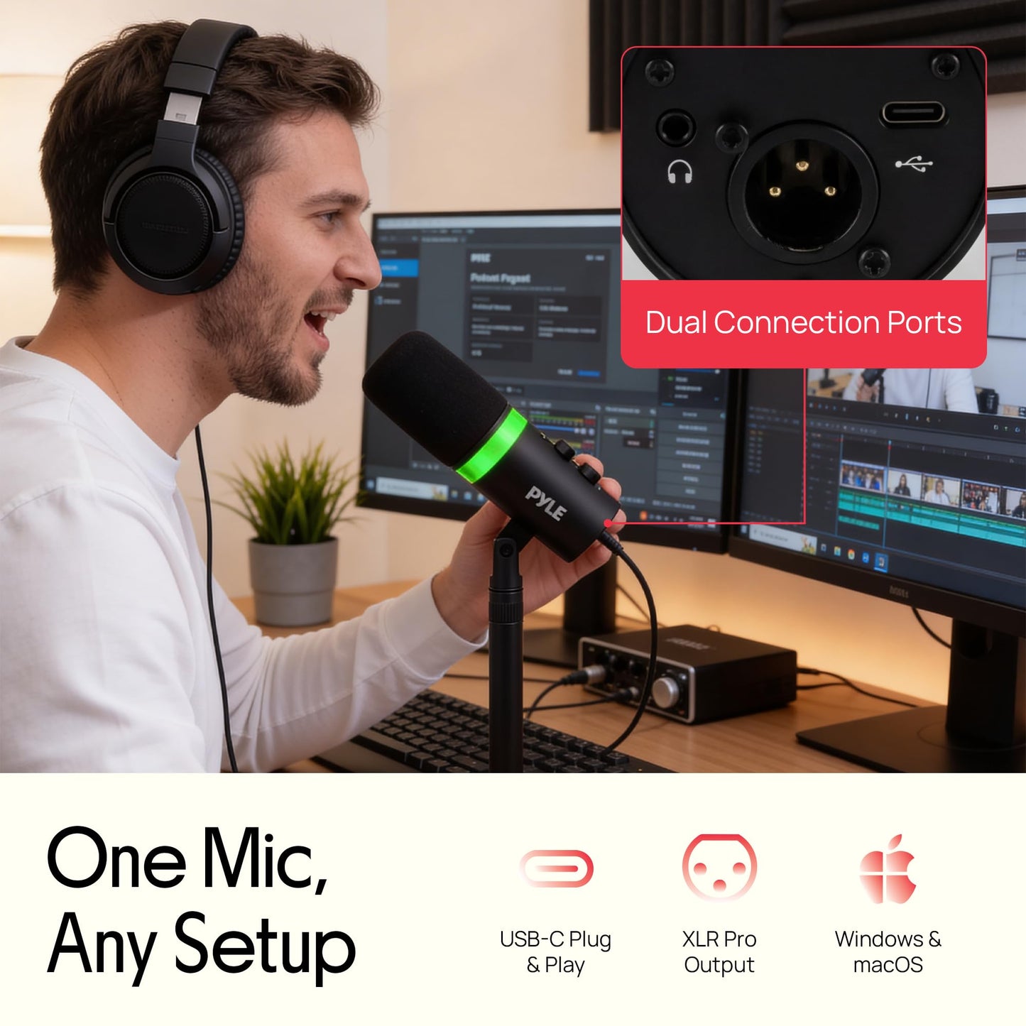 Pyle Dynamic Microphone, Dual Input USB/XLR Podcast Recording, PC Streaming Studio Mic with RGB Light, Mute Button, Desktop Stand, Headphone Jack, &
