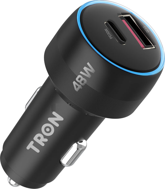 TRON 48W Car Charger, Dual Port Fast Charging, Overheat HeatProtection, QC3.0 18W & PD 3.0 30W, DC 12-24V Input, PC Fireproof Aluminum Alloy