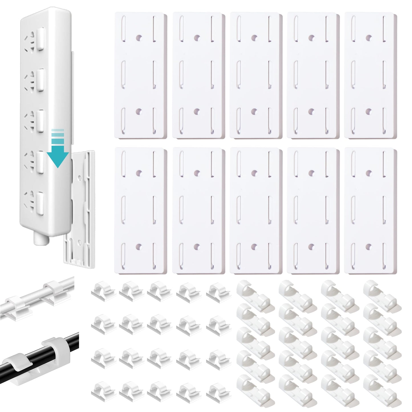 Adhesive Punch-Free Socket Holder, 10Pcs Power Stirp Holder and 40Pcs Cable Clips Kit, Self-Adhesive Power Strip Holder Wall Mount-Space-Saving