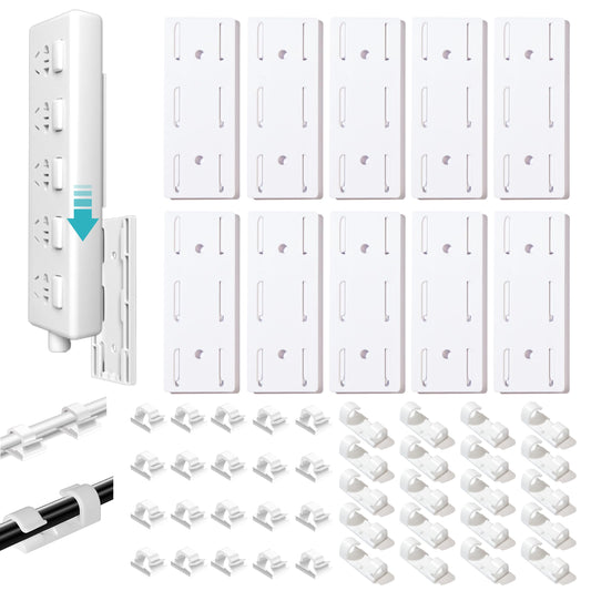 Adhesive Punch-Free Socket Holder, 10Pcs Power Stirp Holder and 40Pcs Cable Clips Kit, Self-Adhesive Power Strip Holder Wall Mount-Space-Saving